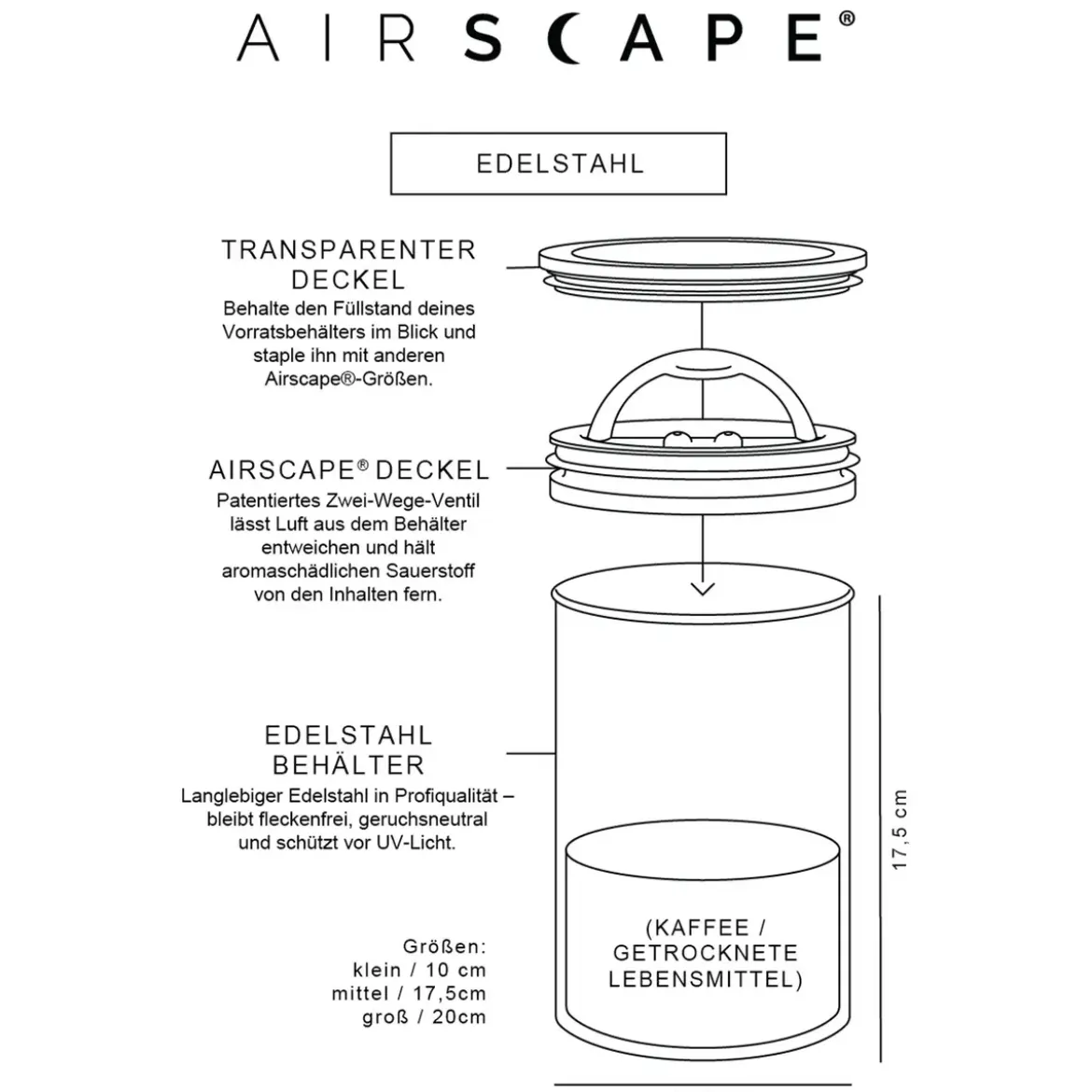 Airscape Kaffeedose 1 kg 20 cm Kilo schwarz